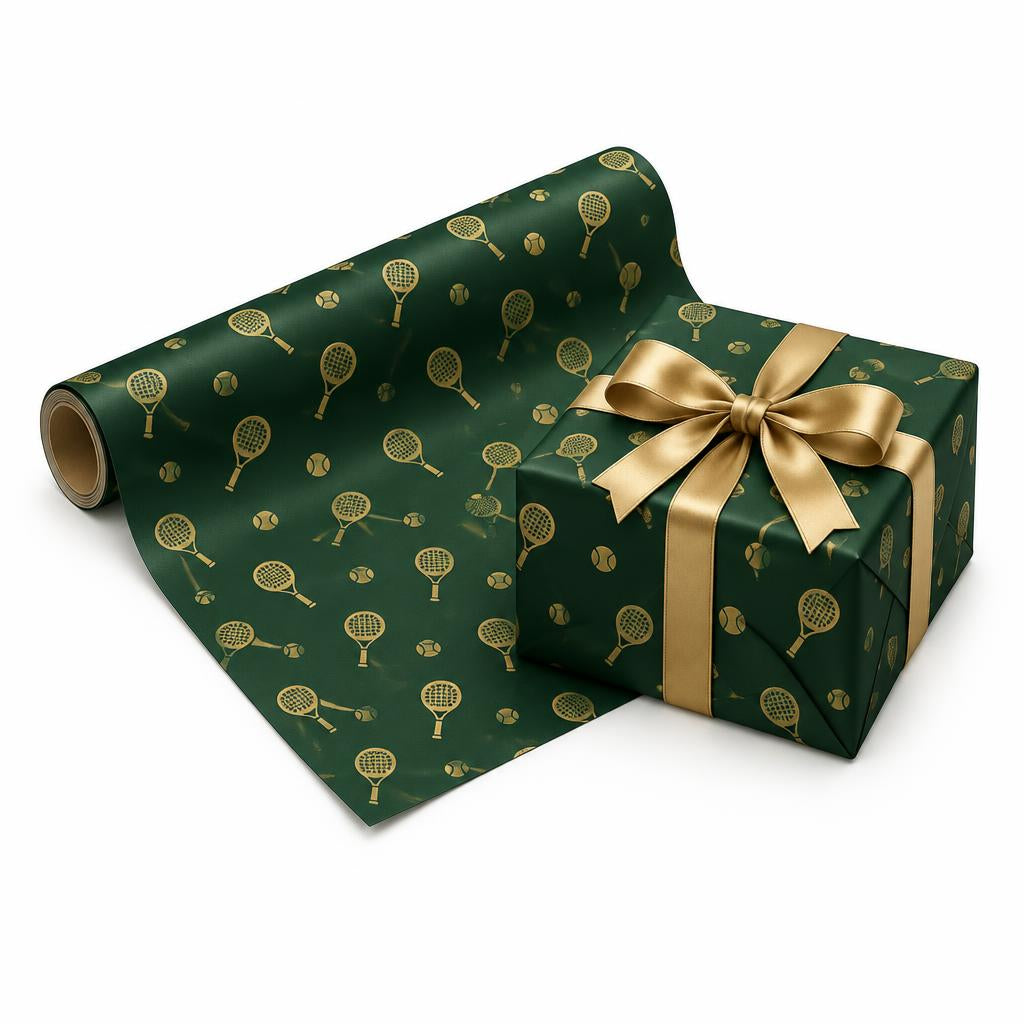 Padel-themed green and gold gift wrap